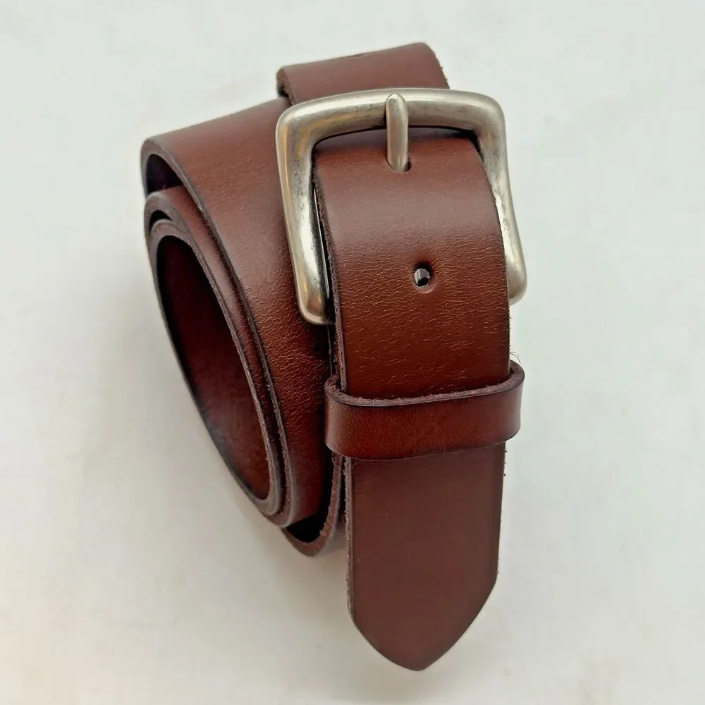 Polo Ralph Lauren Brown Leather Belt Men's 38 Solid Brass Silver Plated Buckle